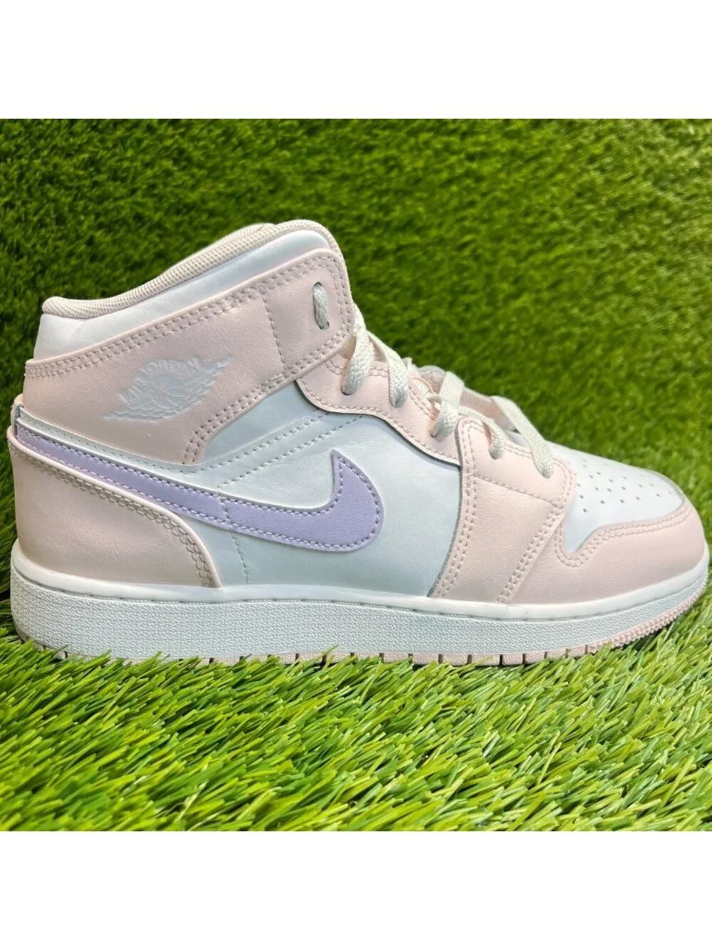 Nike Air Jordan 1 Mid Girls Size 6Y Pink White Athletic Leather Shoes Sneakers